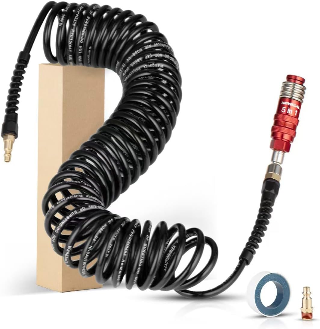 1/4 In × 25 ft Heavy Duty Polyurethane Recoil Air Hose, Bend Restrictors Compressor Hose with 5 IN 1 Universal Coupler, Lightweight, Coiled PU Air Hose 1/4'', (Black)