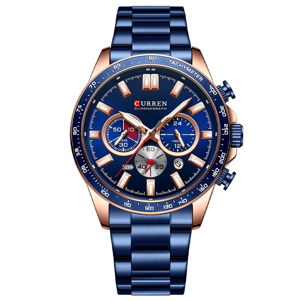Orologio per gli Uomini Cronografo In Acciaio Inox Classico Modo Analogico Al Quarzo Grande Quadrante Casual Luminoso Orologi, Blu, L