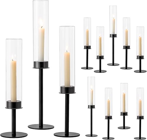Hewory Portavelas color negro, portavelas de huracán, 12 unidades, candelabros, portavelas cónicos con cubierta de vela de vidrio para mesa de boda,