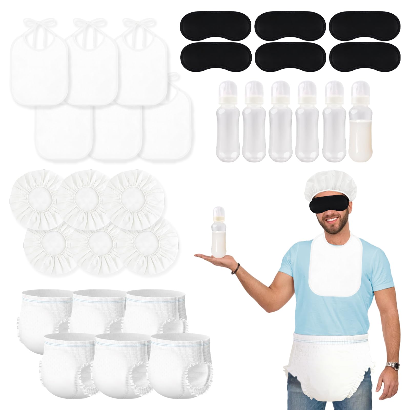 Juegos Para, set di 6 biberon in plastica, bavaglini per bambini, berretti, cappello, pannolini usa e getta, per rivelare il genere, per cambiare il pannolino, decorazione per giochi di gara (bianco)