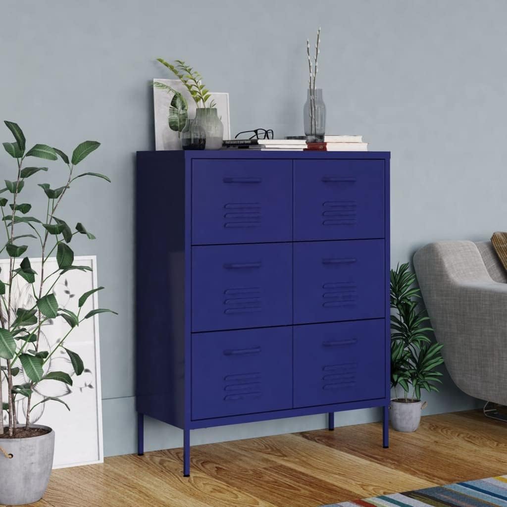 Navy Blue Steel Drawer Cabinet with Ball-Bearing Slides, 6 Spacious Drawers for Home Storage, Modern Furniture with Adjustable Feet and Sturdy Steel Build
