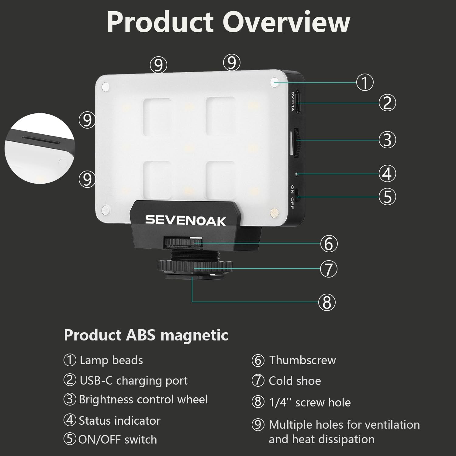 Sevenoak SK-L3 RGB Video Light, Built-in 1800mAh Rechargeable Battery for Professional DSLR Cameras, Photo Video, 9 Lamp LED Camera Light 4 Full Colors, CRI≥95 5500-6000K LED Video Light Panel (Black)