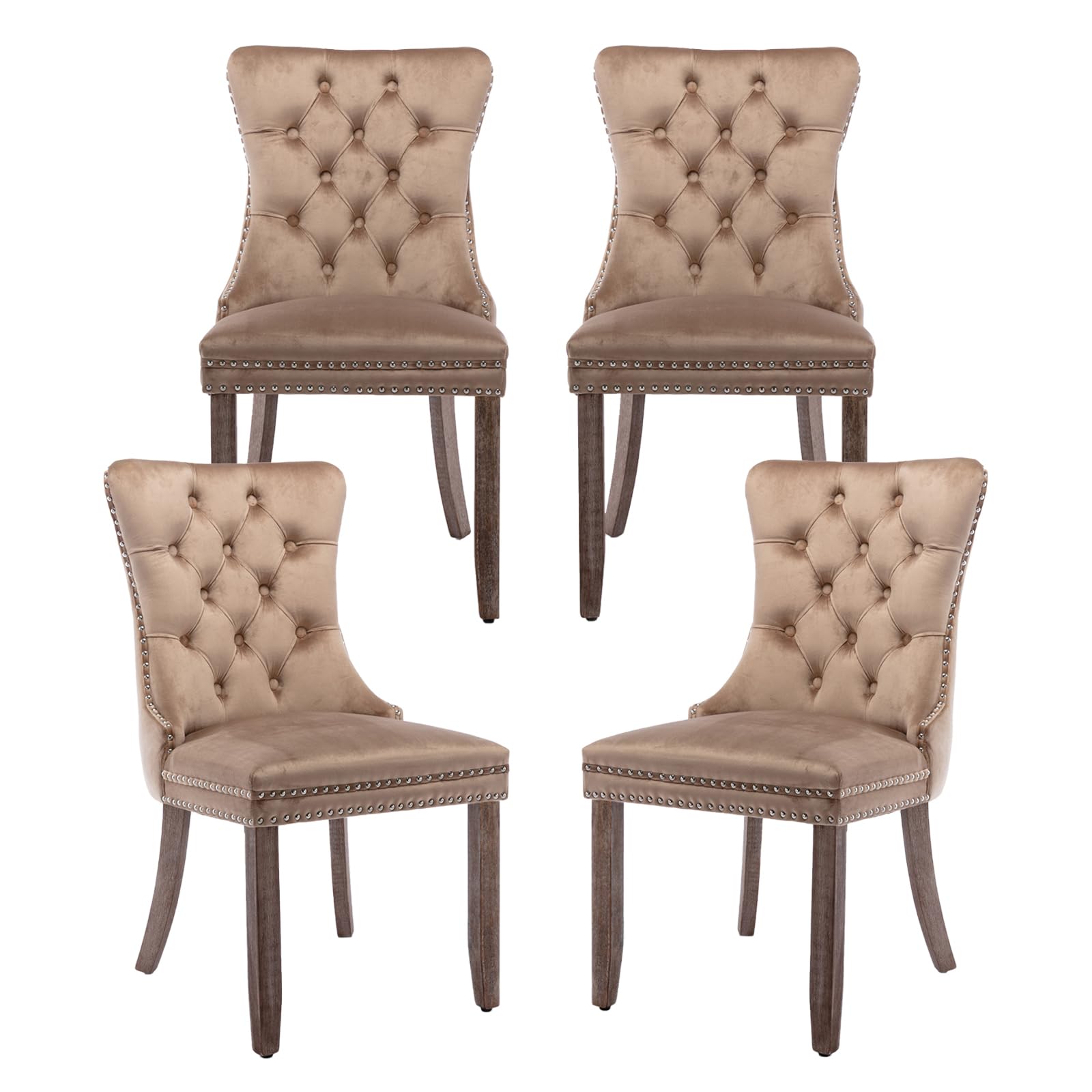 MZDOO Velvet Dining Chairs Set of 4, Tufted Upholstered Dining Room Chairs with Back Ring Pull, Nailhead Trim and Solid Wood Legs, Modern Dining