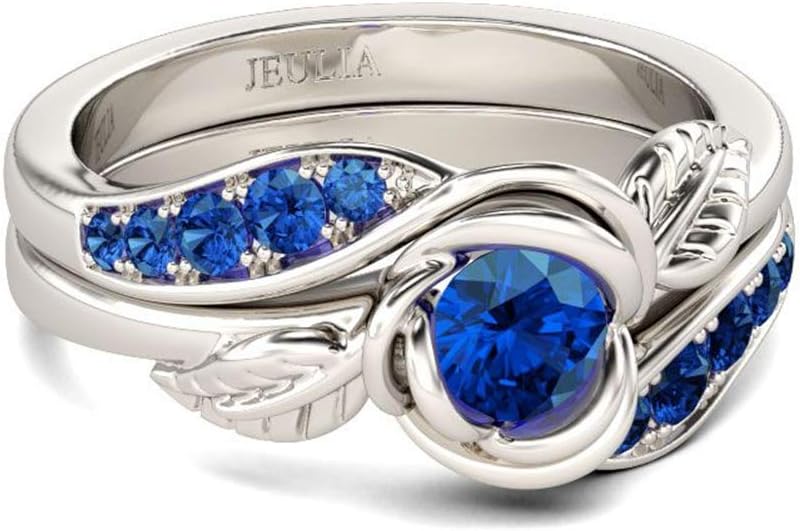 Jeulia Women 1.3 Carat Wedding Ring Set Round Cut Blue Sapphire Engagement Ring 925 Silver Promise Rings Anniversary Romanitic Jewelry Gift