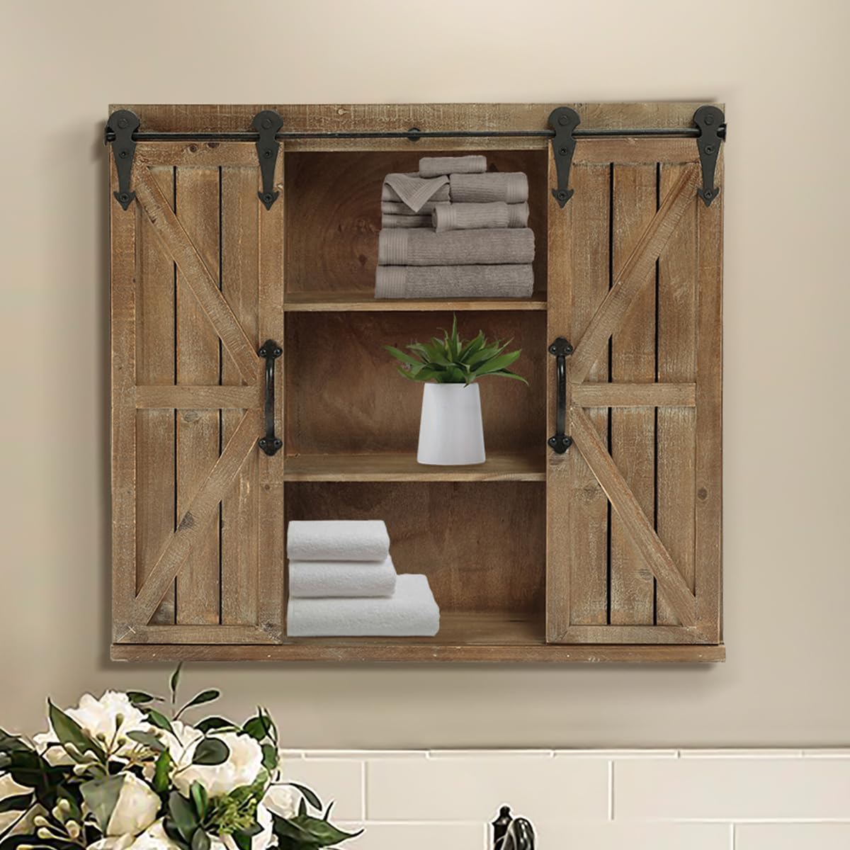 LuxenHome Farmhouse Wood Sliding 2-Door Wall Storage Cabinet Wood Mounted Wall Cabinet Accent Cabinet with 3 Shelves for Sideboard Buffet Cabinet,Living Room, Dining Room, Kitchen