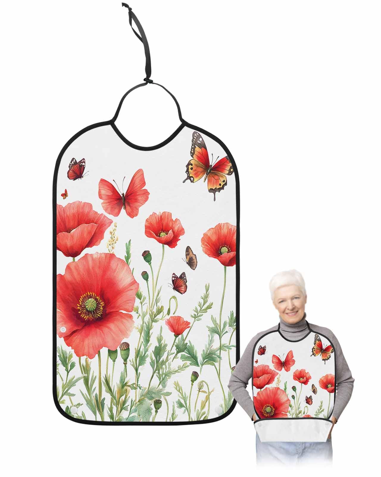 Onekaccu Red Flower Adult Bibs for Elderly Women Men Washable Bibs for Eating, Spring Butterfly Green Leaf White Watercolor Waterproof Clothing Protectors Adult Bibs with Crumb Catcher