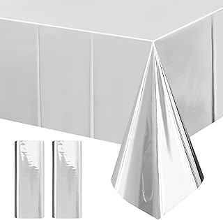 2Pcs SilverFoil Metallic Tablecloth Shiny Party Table Cloth 54" X 108" Disposable Rectangle Decoration for Thanksgiving Christmas Graduation Birthday Pary