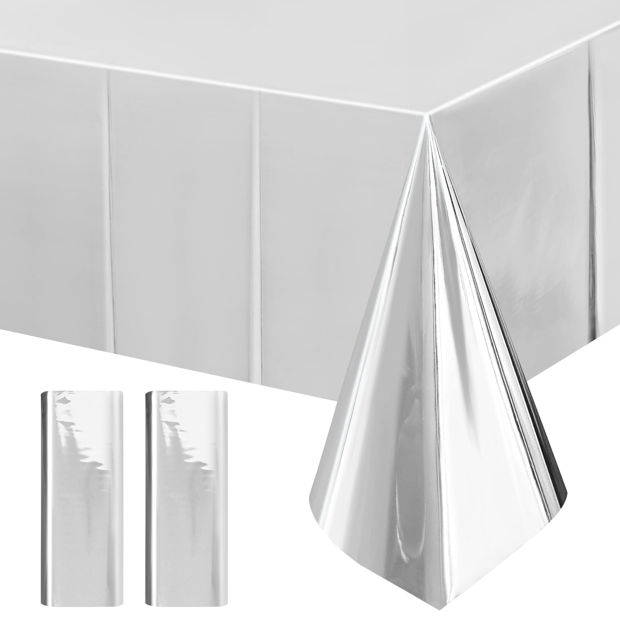 2Pcs SilverFoil Metallic Tablecloth Shiny Party Table Cloth 54" X 108" Disposable Rectangle Decoration for Thanksgiving Christmas Graduation Birthday Pary