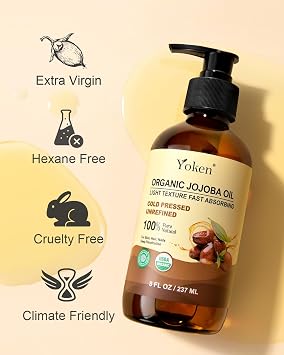 Yoken Organic Jojoba Oil in Glass Bottle 8oz, USDA Organic for Hair & Skin | Pure Cold Pressed Facial Moisturizer Multi-purpose Base Carrier Body Oils For Gua Sha After Shower Hexane Free