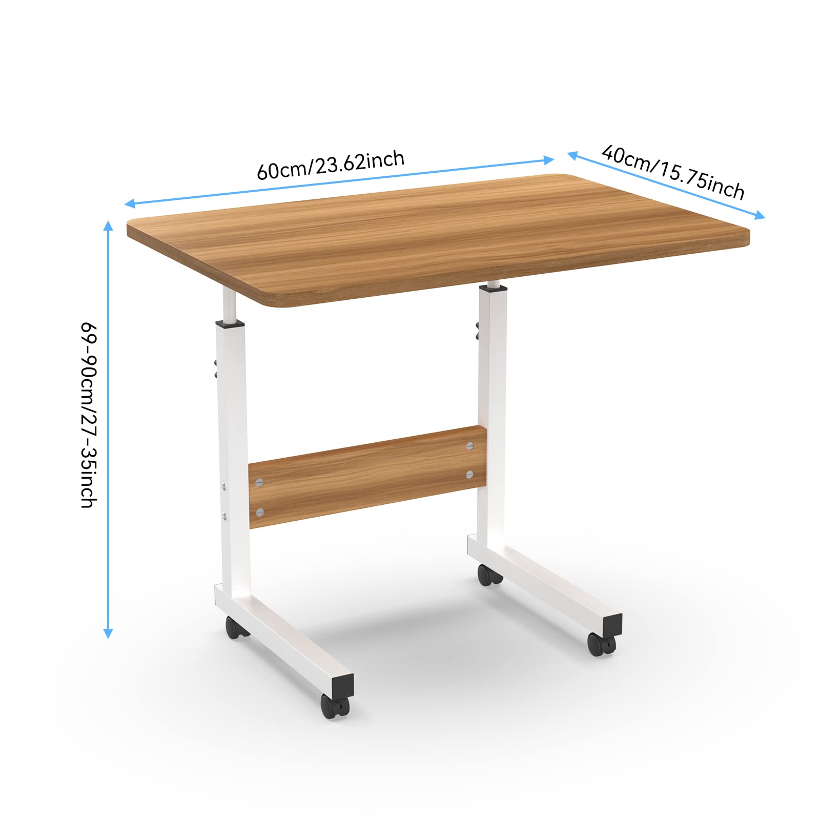Tavolo Rotante per Divano Letto, 60x40cm Scrivania per Laptop, Tavolino da Laptop Scrivania Mobile Regolabile in Altezza 62-85cm per PC per Tablet Cellulare, Tavolino Portatile con Ruote, Legno
