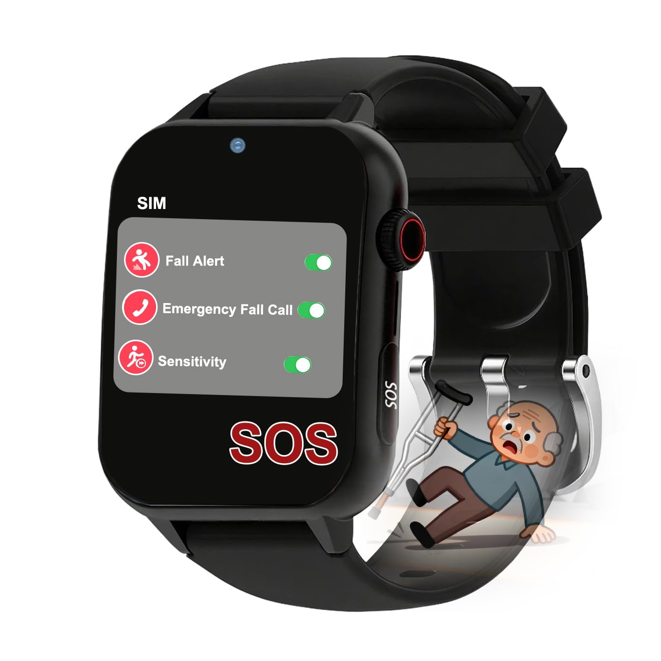 Montre Alarme Personnelle pour Personnes Âgées, Montre pour Seniors Indépendants avec SOS Alerte Chute GPS À Offrir Aux Parents,Noir,1.9 * 1.6 inch