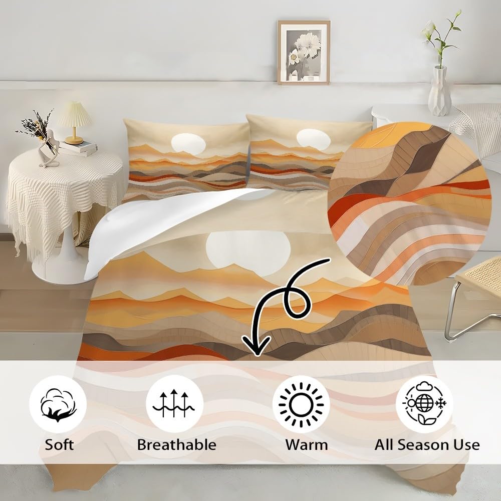 Komplet pościeli 3D, 200 x 200 cm, mikrofibra, abstrakcyjny zachód słońca, ilustracja górska, poszewka na kołdrę z zamkiem błyskawicznym, miękka, hipoalergiczna, jasnobrązowa, zestaw pościeli dla