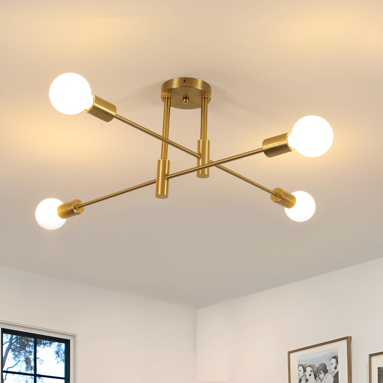 Goeco Lamparas de Techo Vintage, 4 Luces E27 Lámpara Colgante Techo Retro, Dorado Lámpara de Araña Industrial para Dormitorio Sala de Estar Cocina Salón Comedor
