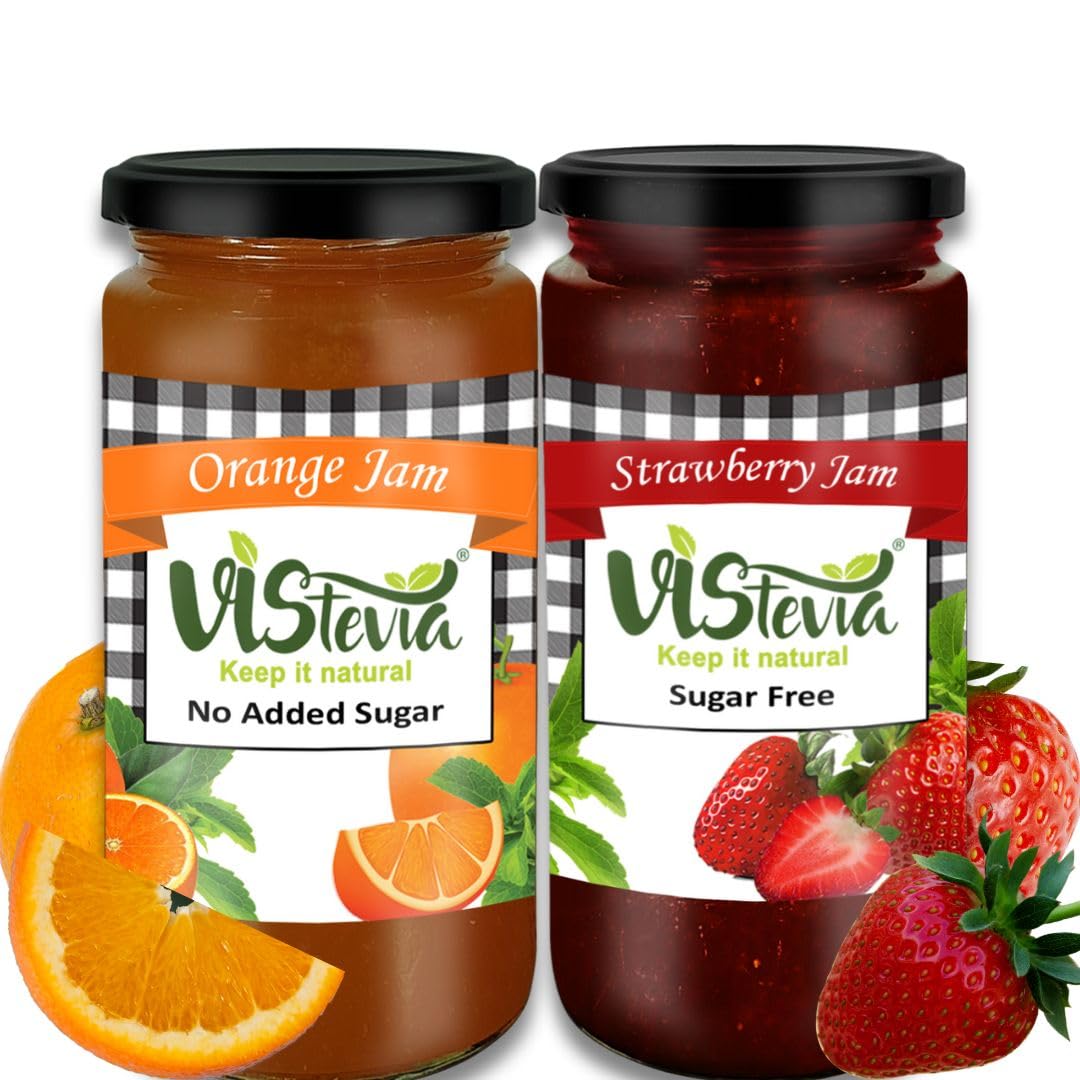 Vistevia Sugar Free Strawberry and Orange Jam, Diabetic and Keto Friendly - Sweetened Naturally with Stevia, More Than 60% Fruit Content - Tastes Delicious - Pack of 2 (400 * 2 GM)
