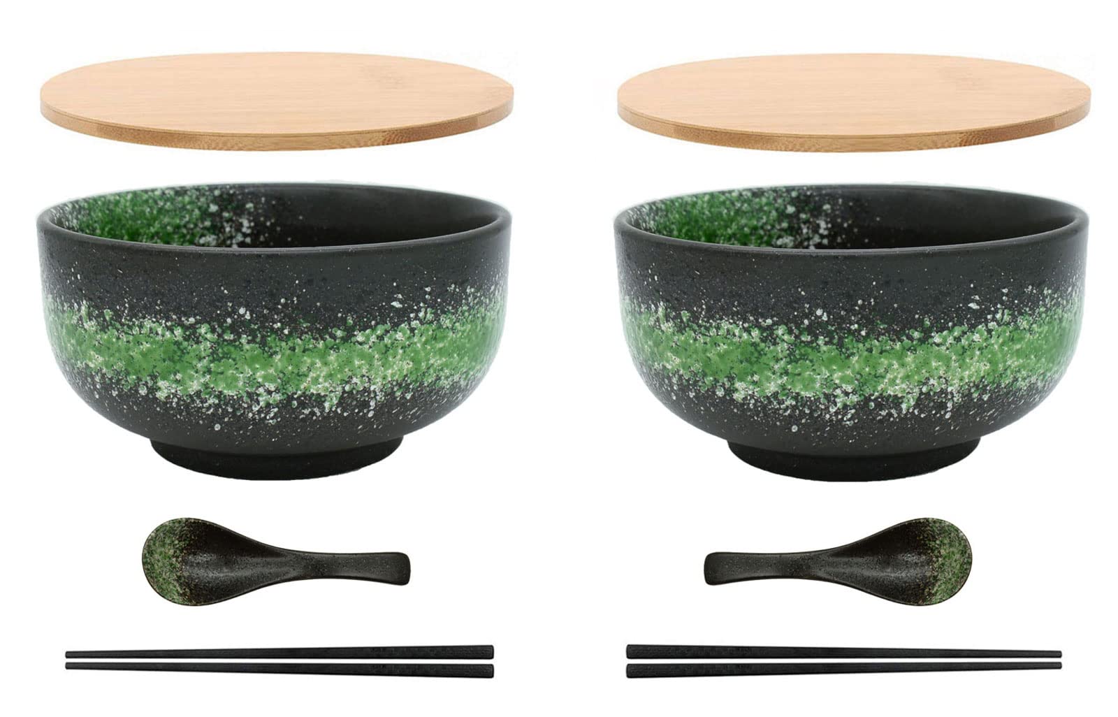Lot de 2 bols à ramen japonais en céramique, grand bol à soupe 1100 ml avec couvercle, baguettes et cuillère pour Udon, Soba, Hor Fun, nouilles, Ramen, salades et soupes