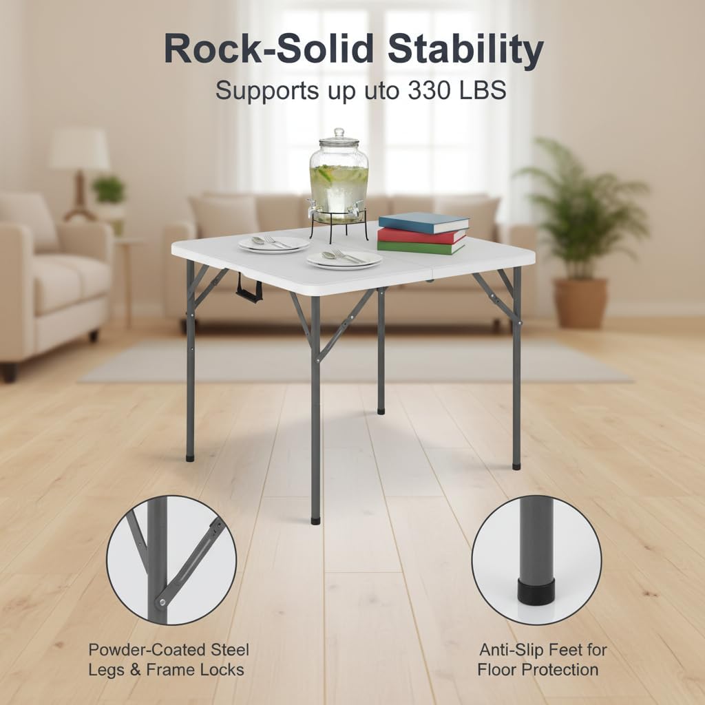 Bigacc 34" Folding Card Table, Heavy Duty Plastic Square Table - Portable & Handle & Lock ，for Camping, BBQ, Party