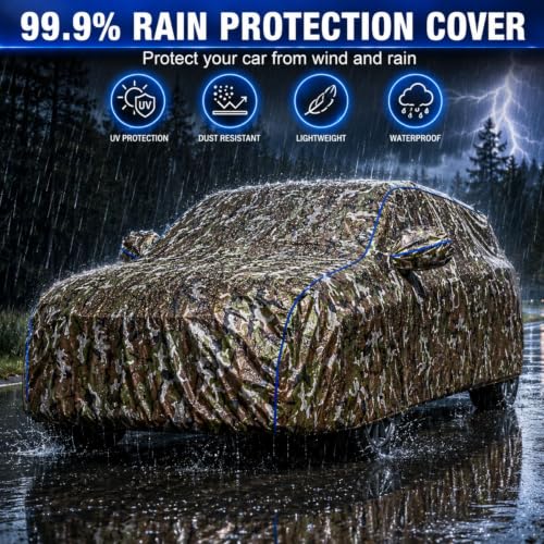 Image of Waterproof Car Body Cover for Kwid All Weather Protection Comes with Inner Cotton Lining & Triple Stitched with Mirror & Antenna Pocket Belt & Elastic Fit Army with Yellow Piping