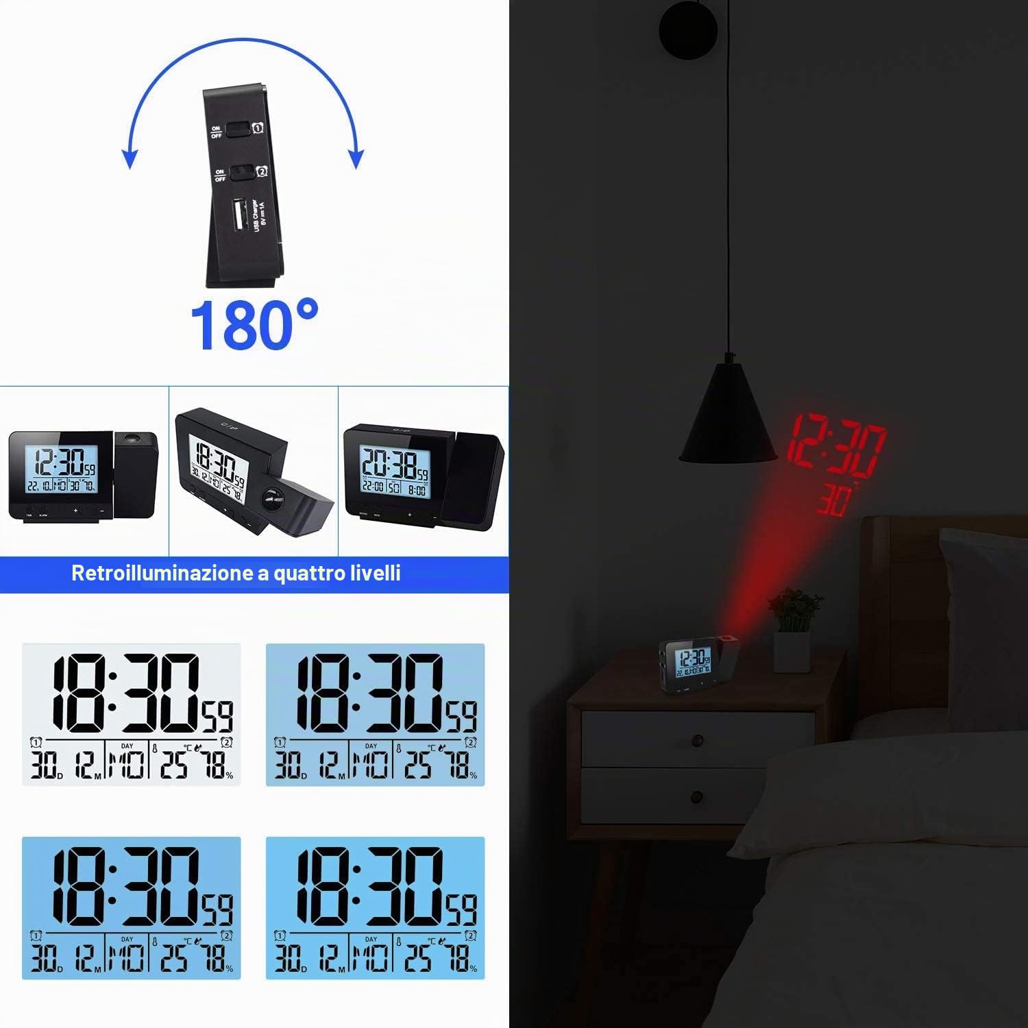 Houkiper Sveglia con Proiettore, Sveglia Digitale Da Comodino a Pile Sveglia Luminosa, Orologio Digitale Da Comodino Oorologio Con Proiezione Ora Temperatura Soffitto (nero)