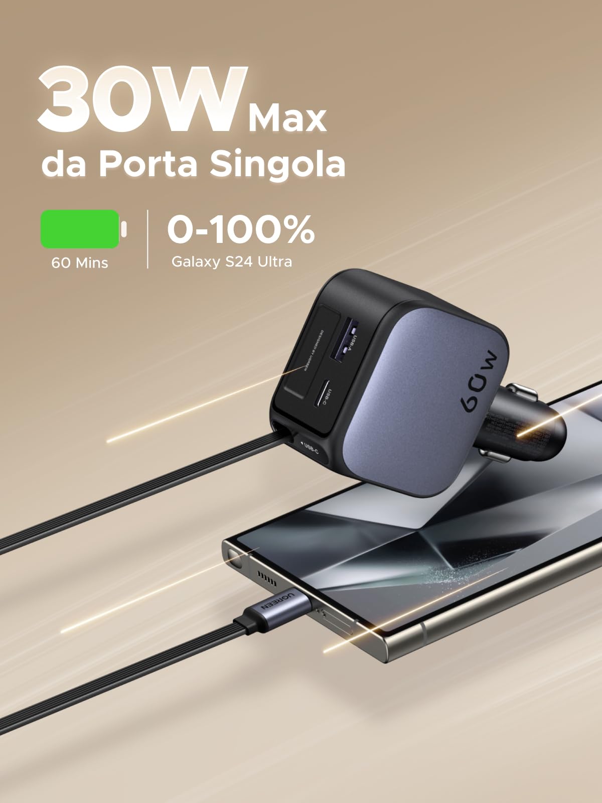 UGREEN 60W Retrattile Caricatore Auto, Caricabatteria Accendisigari USB C 4 Porta Ricarica Rapida, Compatibile con iPhone 16/15/14, Samsung Galaxy S25/24, Pixel9/8, MacBook, iPad Pro