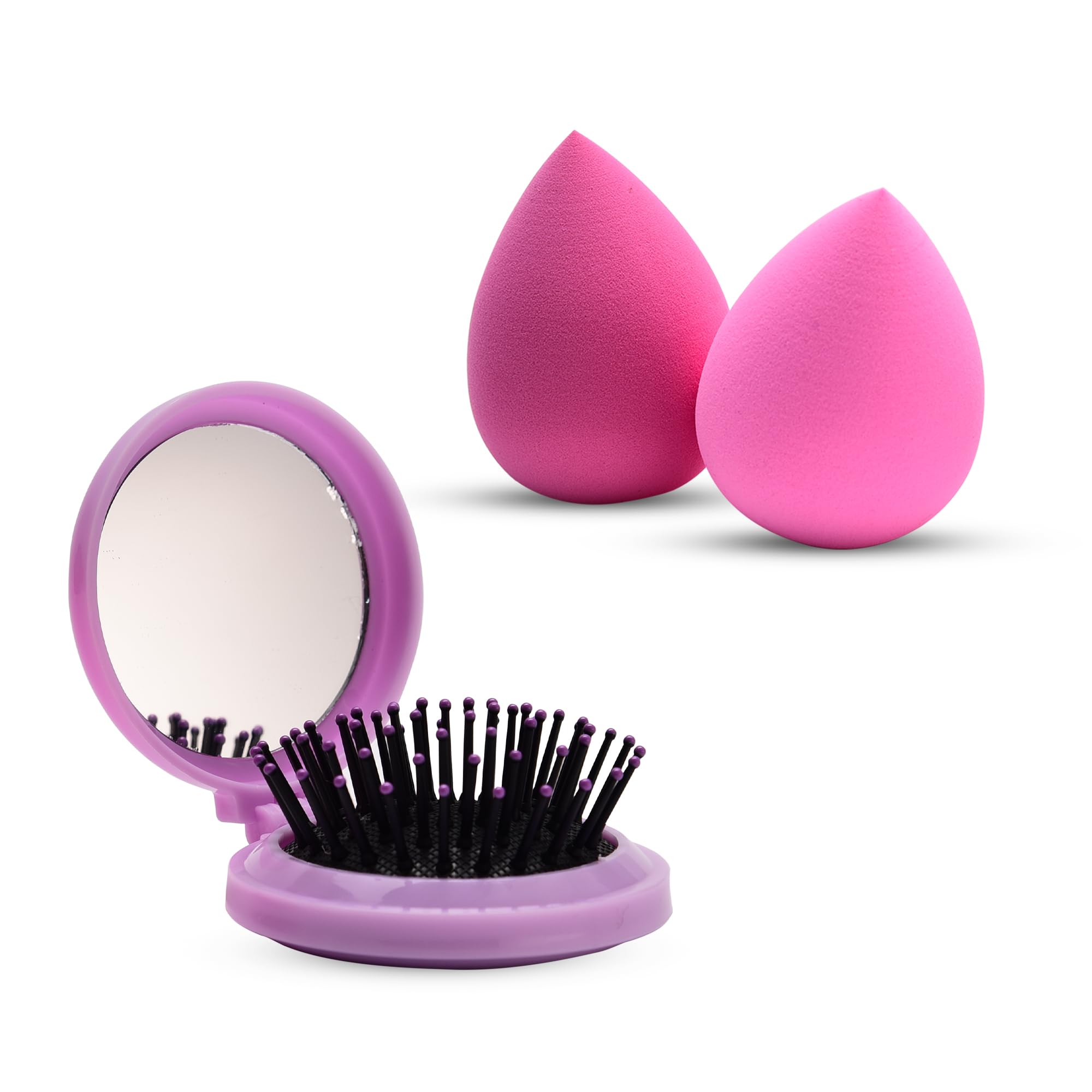 RarePicks Beauty Blender Set & Folding Hair Brush with Mirror | Mini Compact Round Massage Comb for Women & Girls Travel-Friendly Makeup Sponge & Pocket Hair Brush Combo Purple (Set Of 3)