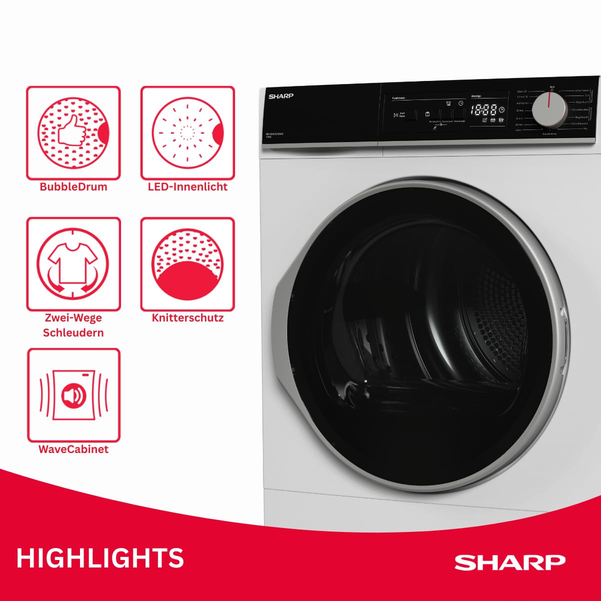 SHARP KD-NHA0S6GW1C-DE Wärmepumpentrockner (10 kg, EEK C), (15 Trockenprogramme, 20 Min. Kurzprogramm, Edelstahltrommel mit LED-Beleuchtung), Weiß