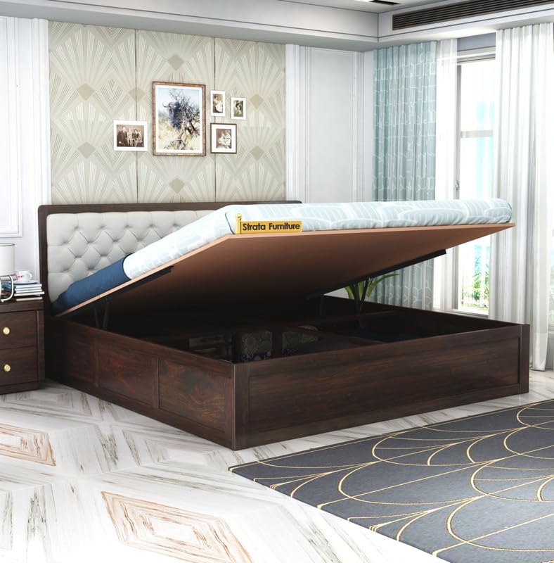 STRATA FURNITURE Sheesham Wood Queen Size Bed with Hydraulic and Cushion Headboard Storage for Living Room Home Bedroom Wooden Double Bed Cot Palang Furniture (Walnut Finish)-image-28