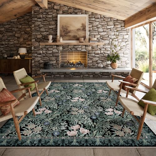 Image of Washable Area Rugs 8x10 Black Green Vintage Floral Botanical Pattern,Perfect for Living Room, Bedroom, Kids Room, Nursery - Stain & Water Resistant Non-Slip, Pet & Child Friendly /Bedroom Decor