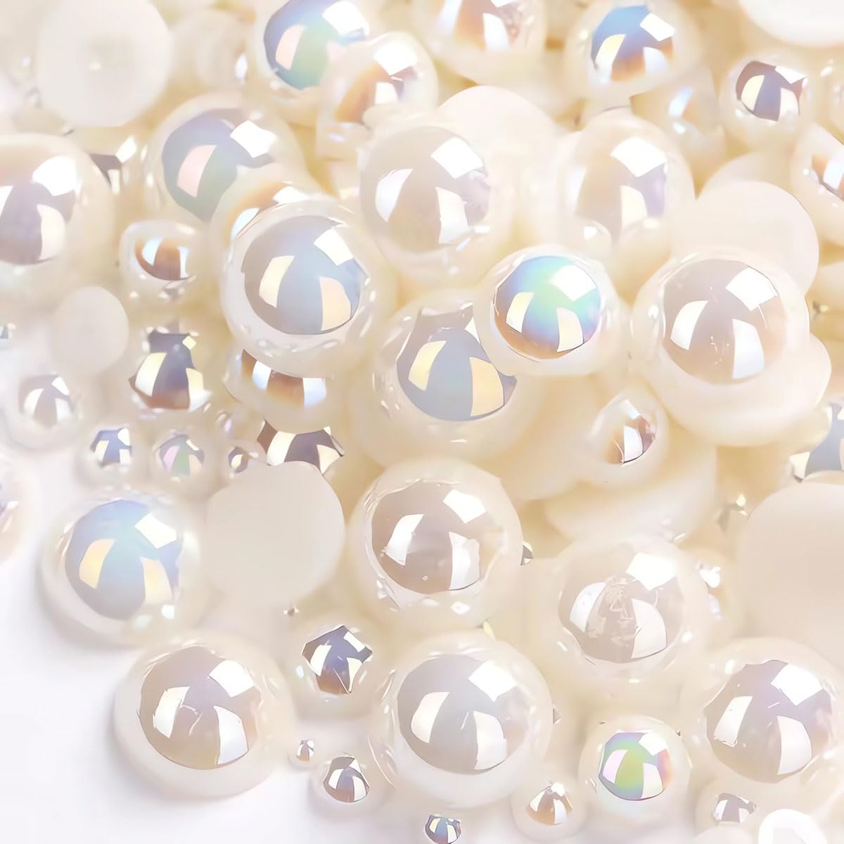 1000PCS Mixed Sizes 3/4/5/6/8/10mm Flatback Half Round Pearls Gems for Crafting, AB Color Pearl Beads Stones for Crafts Jewelry Clothes Shoes Dress Nail Art Making Embellishments (Ivory White AB)