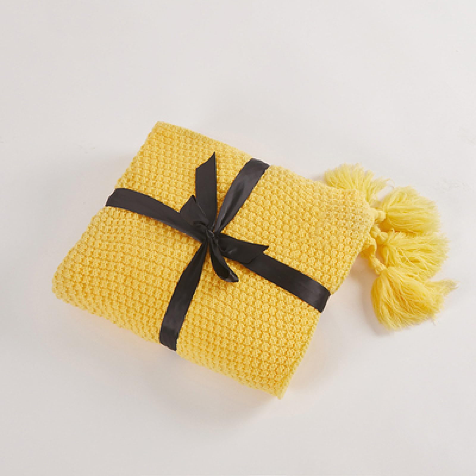 DANETI Thread Blanket with Tassel Solid Beige Grey Coffee Throw Blanket for Bedroom Sofa Home Textile Knitted Blanket 130x170cm(51x67inch) Yellow