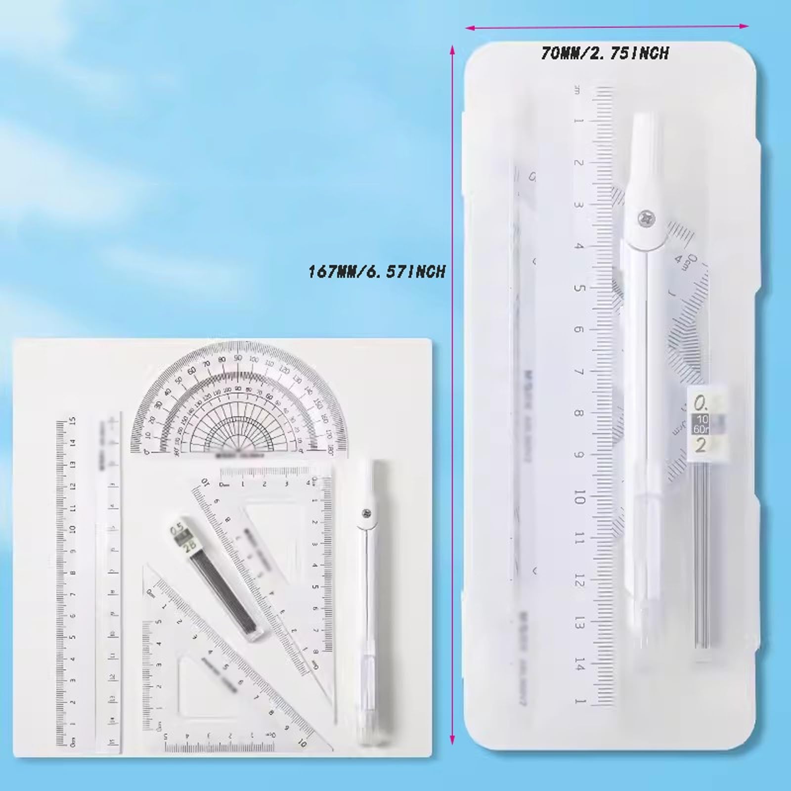 Mathematik-Set, Winkelmesser-Set, Zeichenkompass, 6-teiliges Set mit mathematischen Geometrie-Werkzeugen for Schüler, Zeichenzirkel, einschließlich Zirkel, Lineal, Bleistift, Winkelmesser, Zeichenkomp