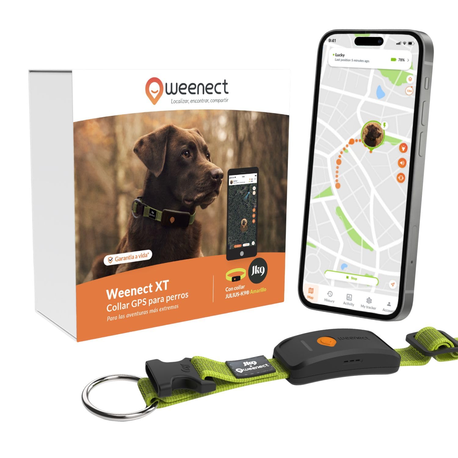 Weenect Dog XT - Nuevo Collar GPS para Perros | Antena XL | Impermeable | Collar Rosa Ultra-Resistente Integrado Julius-K9 | Garantía de por Vida | Suscripción requerida (Amarillo)