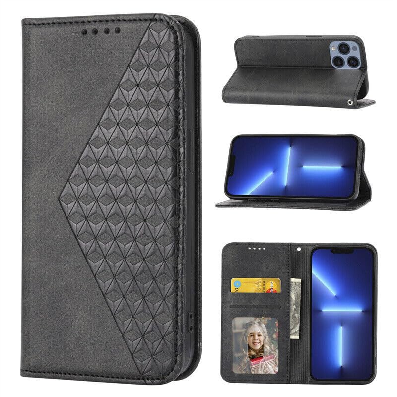 Étui portefeuille iPhone 12 et 12 Pro noir en cuir à rabat magnétique