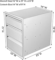 Vista 3 de Cajón de cocina para exteriores de 16 pulgadas de ancho, de acero inoxidable, BBQ triple cajón, montaje empotrado para isla de cocina al aire libre