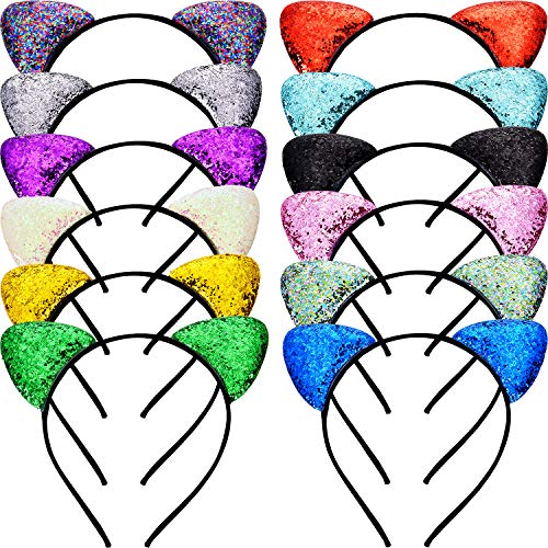Tatuo 12 Pieces Glitter Cat Ears Headbands Sparkle Hairband Cat Hair Hoops Bling Hairband for Women Girls Favor