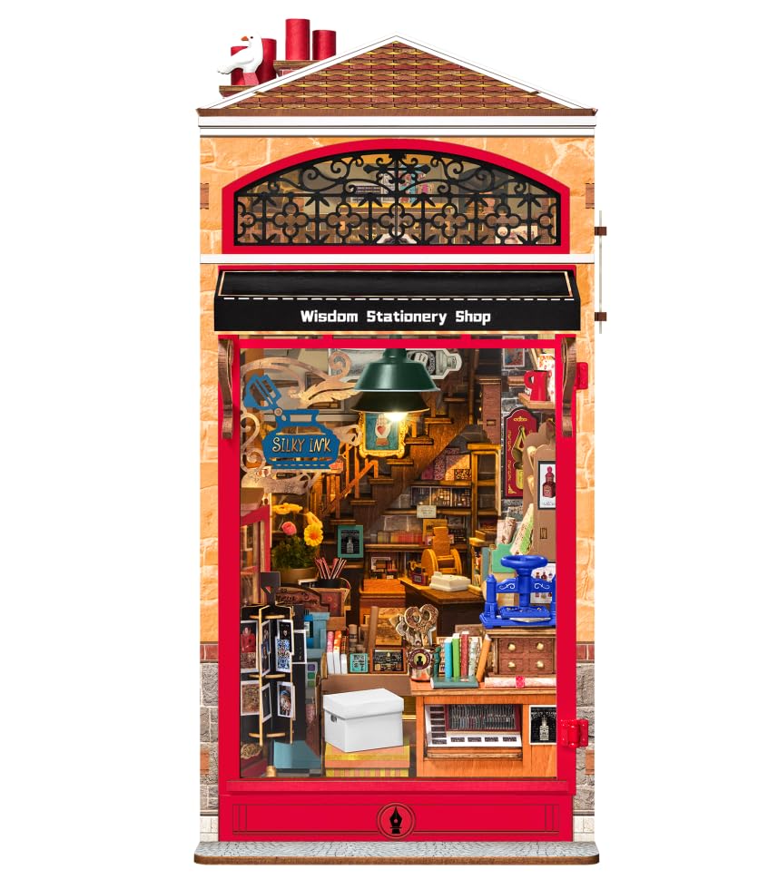 Rolife Zestaw do zakamarków książek dla dorosłych DIY miniaturowy zestaw ze światłami, mądrość, sklep pa, zestawy modeli Booknook, dla dorosłych, do budowania drewnianych puzzli 3D, na biurko