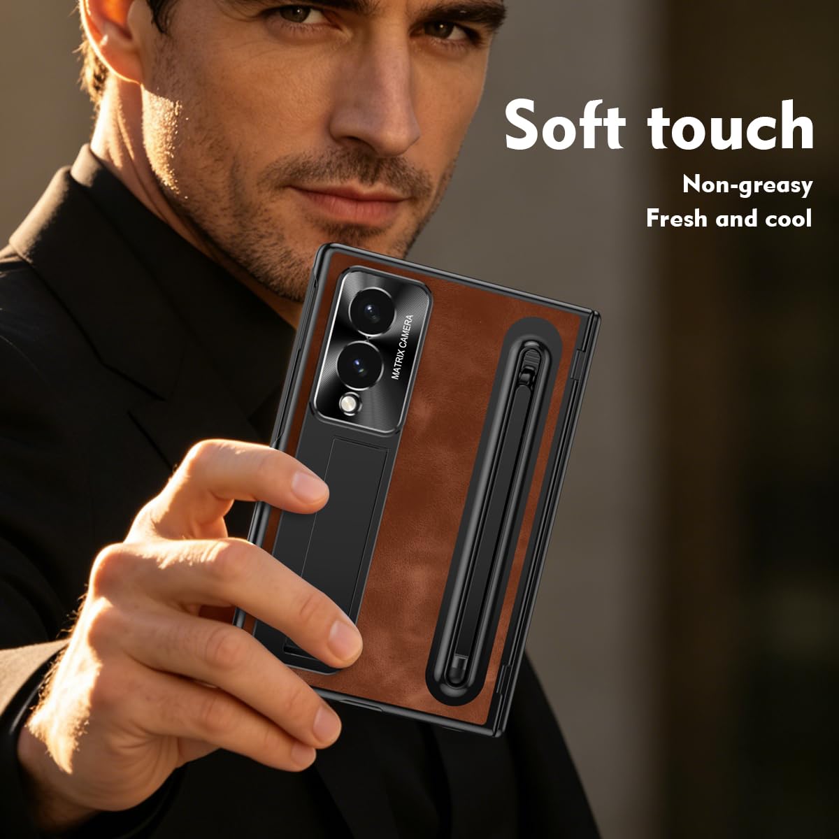 do Samsung Galaxy Z Fold 8 Etui z Slim S-Pen Holder & Pojemnościowy długopis, Kickstand Premium Jazz Retro Leather Soft Touch Odporny na wstrząsy Hard Full -Body Screen Hinge Protection
