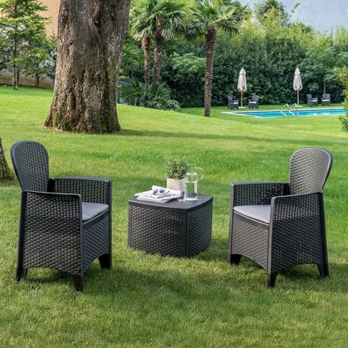 Dmora - Ensemble de salon d'extérieur Naples, Composition de jardin avec 2 fauteuils et 1 table de rangement, Salon effet rotin, 100% Made in Italy, Anthracite