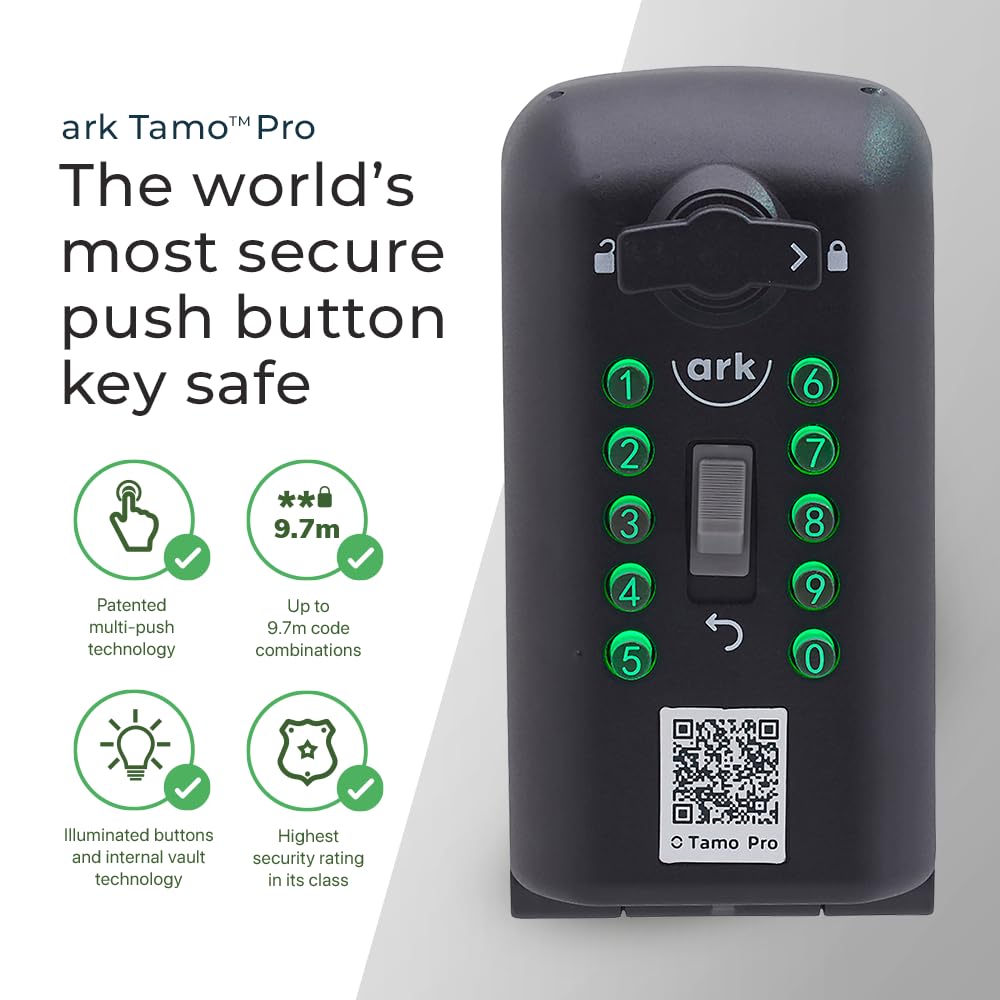 ark Tamo Pro - Caja de seguridad para llaves de pared para exteriores, con botones multipulsadores iluminados, caja de seguridad con combinación de código de 9,7 m, ideal para el hogar, Airbnb y