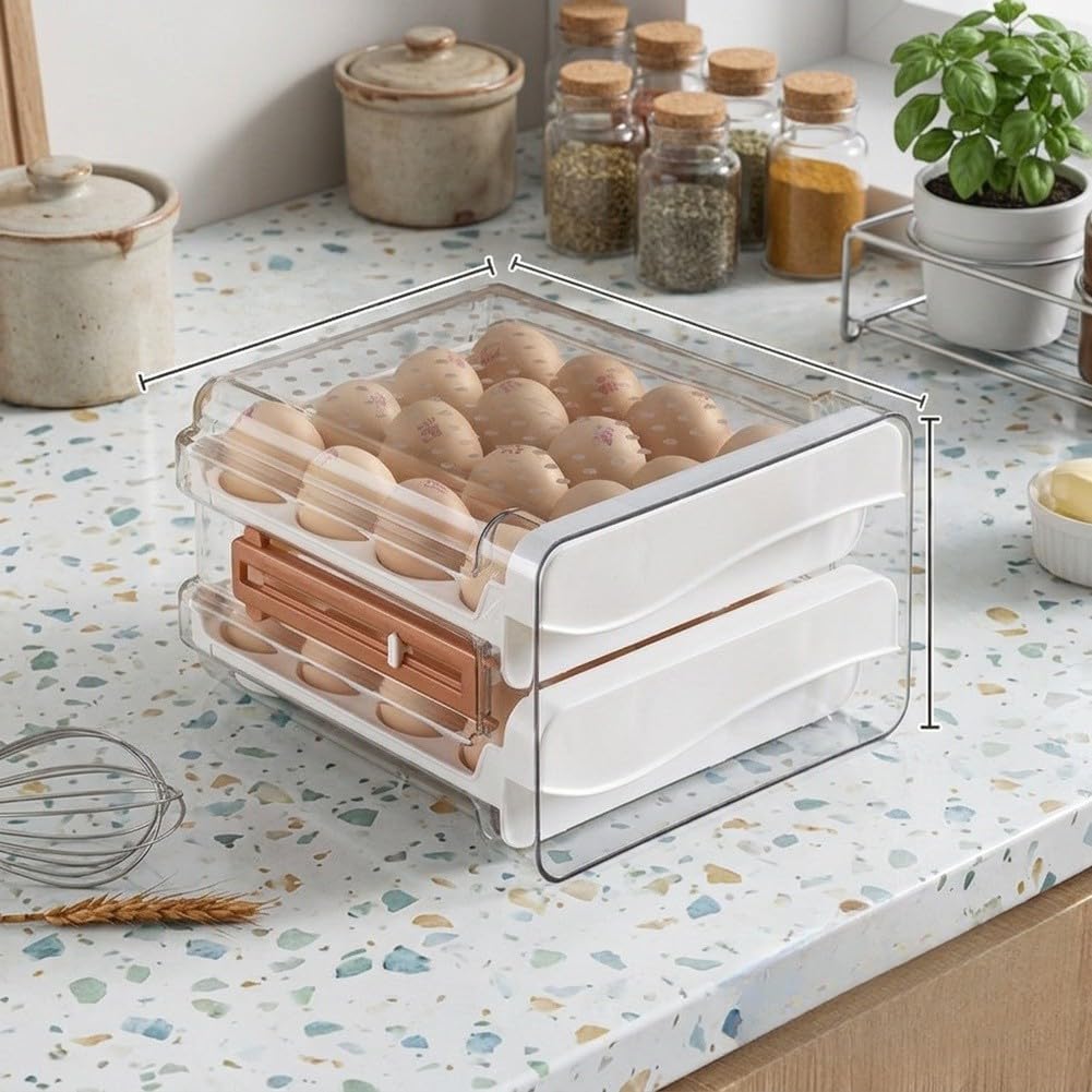 Eierbehälter für Kühlschrank, 2-stöckig stapelbar, 32 Eier Organizer Schublade, transparenter Kunststoff, platzsparend für Küche