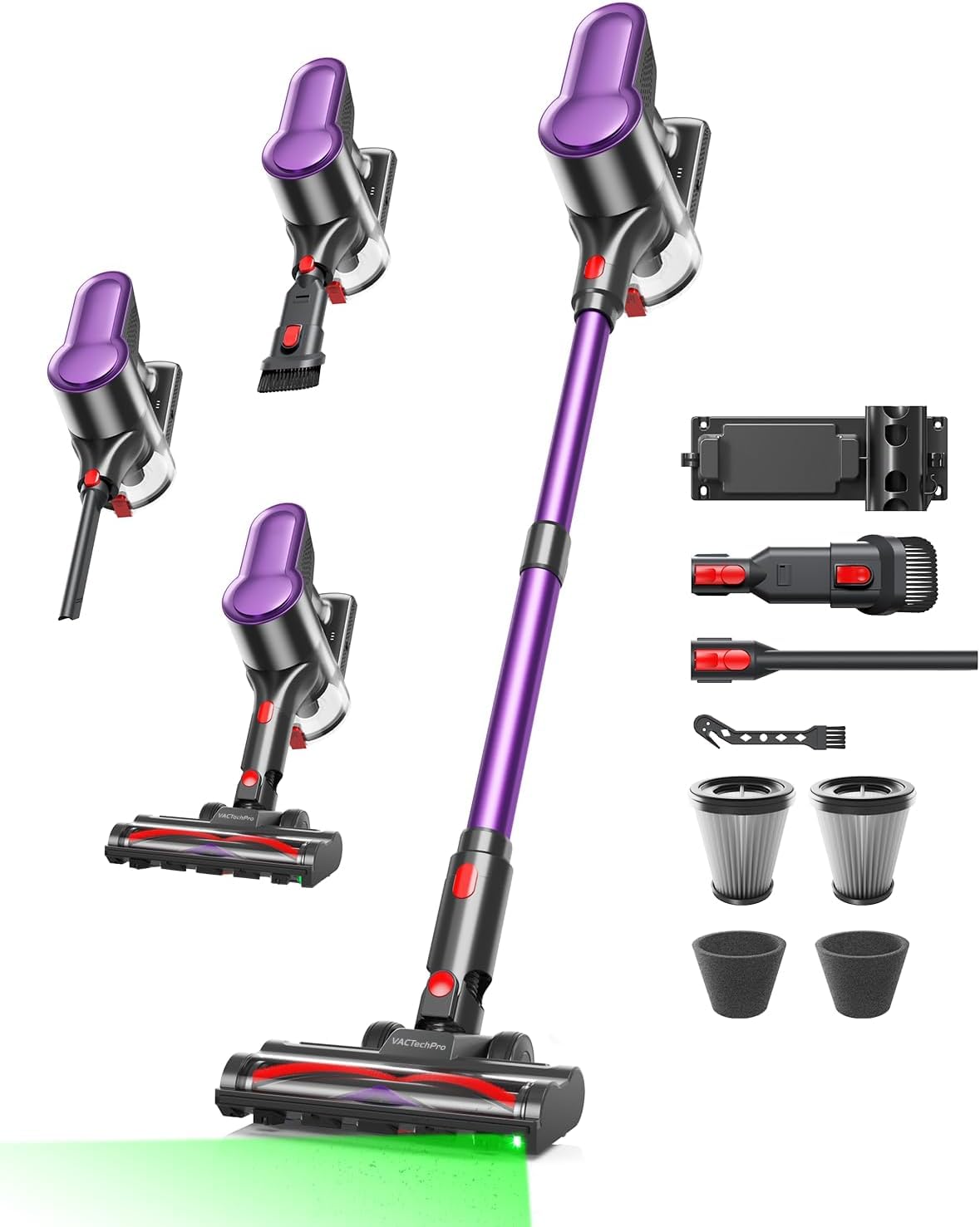 VACTechPro F02 Lite Akku Staubsauger kabellos, 45 KPa/450 W/50 Min | Kabelloser Staubsauger mit 8‑stufigem Filtersystem, Selbststehend für Böden/Teppiche/Tierhaare, Lila