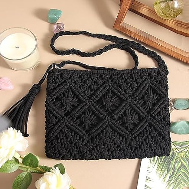 Image of Women's Handmade Macrame Crossbody Sling Bag Tote Bags Beautiful & Fancy Ladies Purse For Girls Women's Mobile Pouch Friends Gifts Birthday Marriage Party and Events,1- Piece