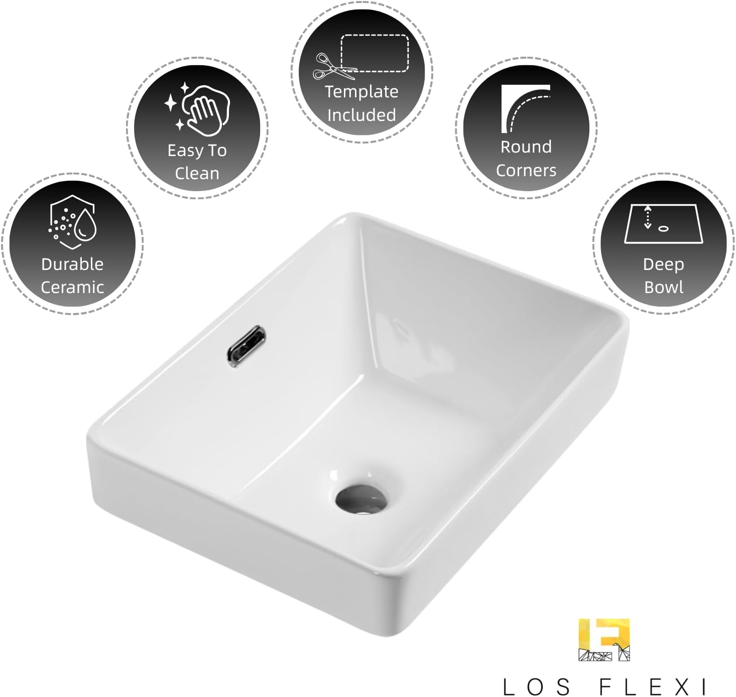 16"W x 12"D Bathroom Vessel Sink with Overflow, Los Flexi 16 Inch Rectangular Ceramic Semi Recessed Sink, Above Counter Bathroom Sinks in Glossy White for Modern Vanity Tops