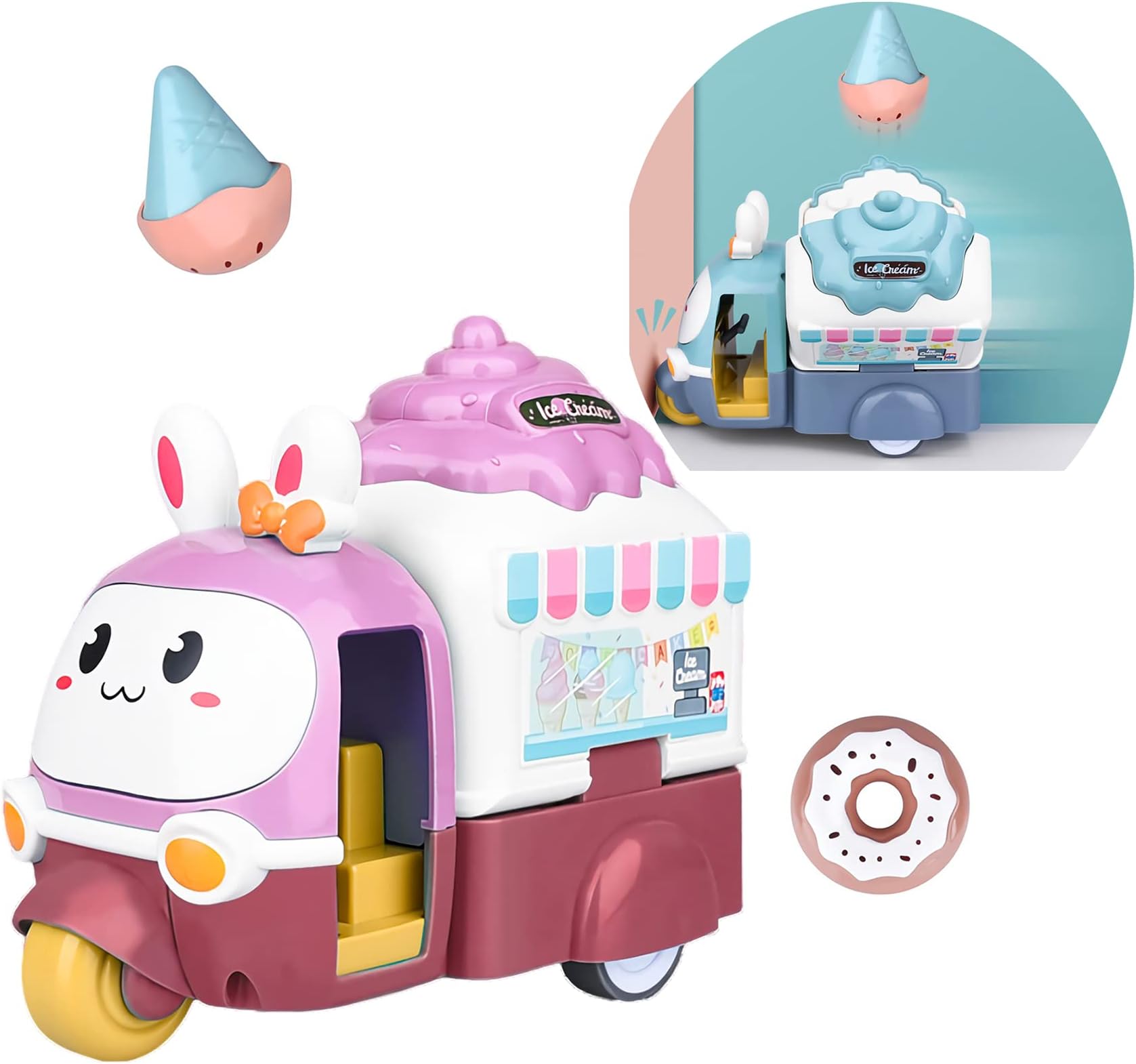 Surprise Ice Cream Pull-Back Truck, Collision Open Back, Pops up Ice Cream Car Toy for Kids (Pink)