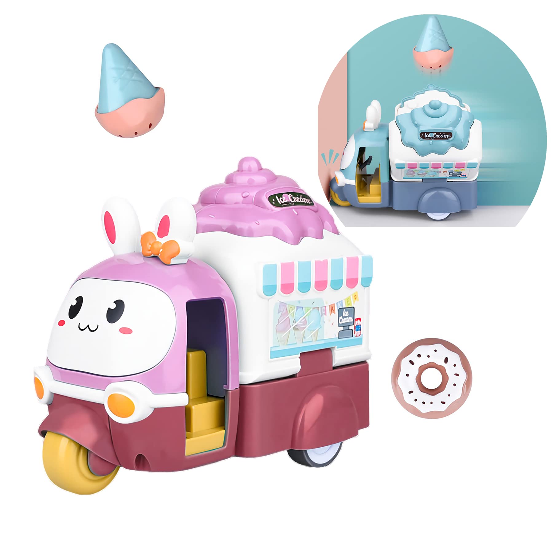 Surprise Ice Cream Pull-Back Truck, Collision Open Back, Pops up Ice Cream Car Toy for Kids (Pink)