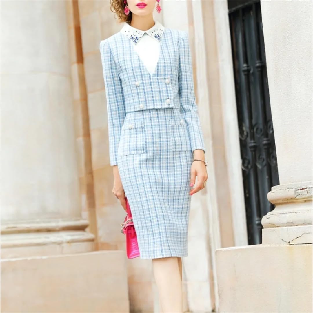 Women Two Piece Set Plaid Lool Sleeve Dress Slim Party Club Summer Off Shoulder Slip Dresses