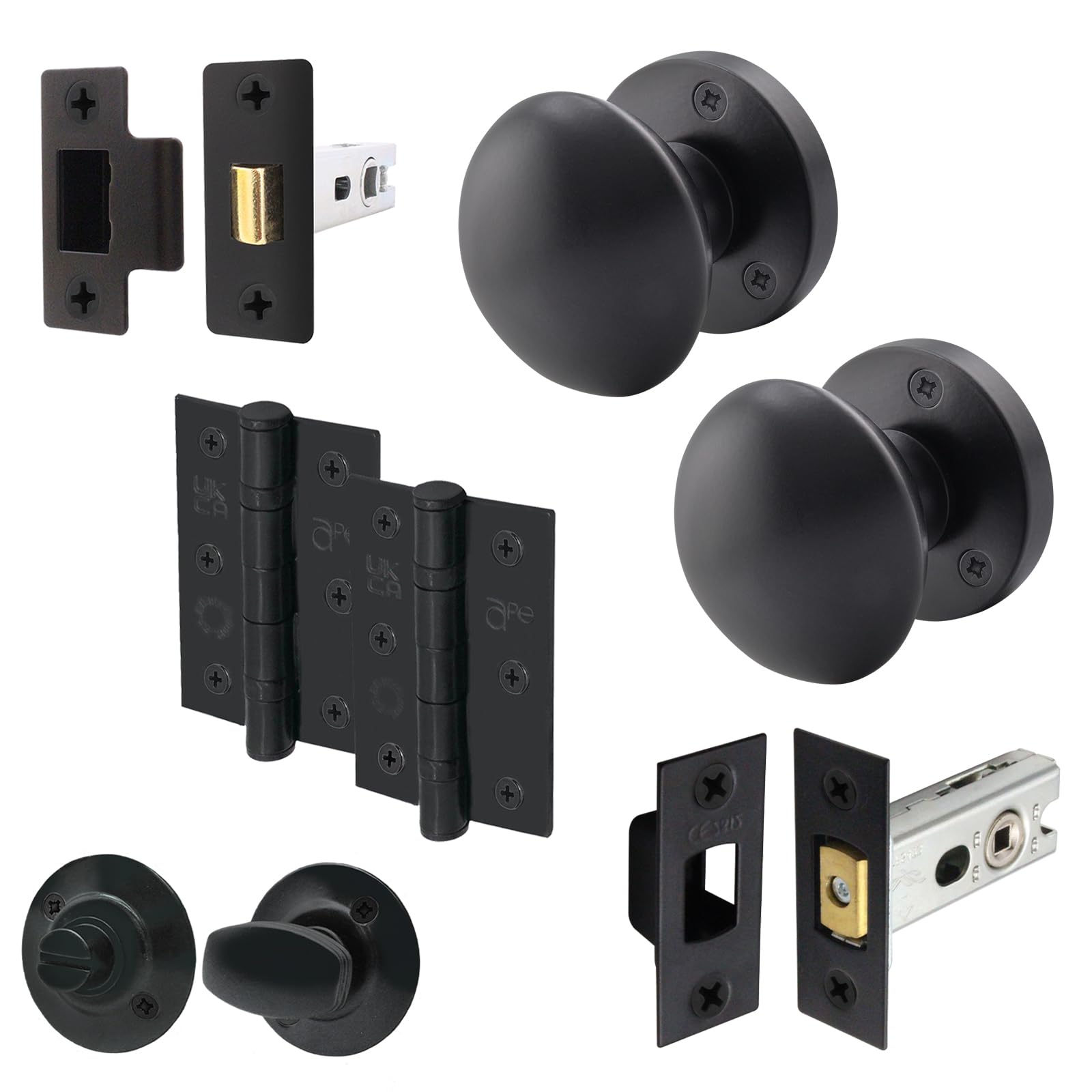 EAI Black Door Knobs with Latch and Deadbolt 76mm, Hinges, 1 Pack