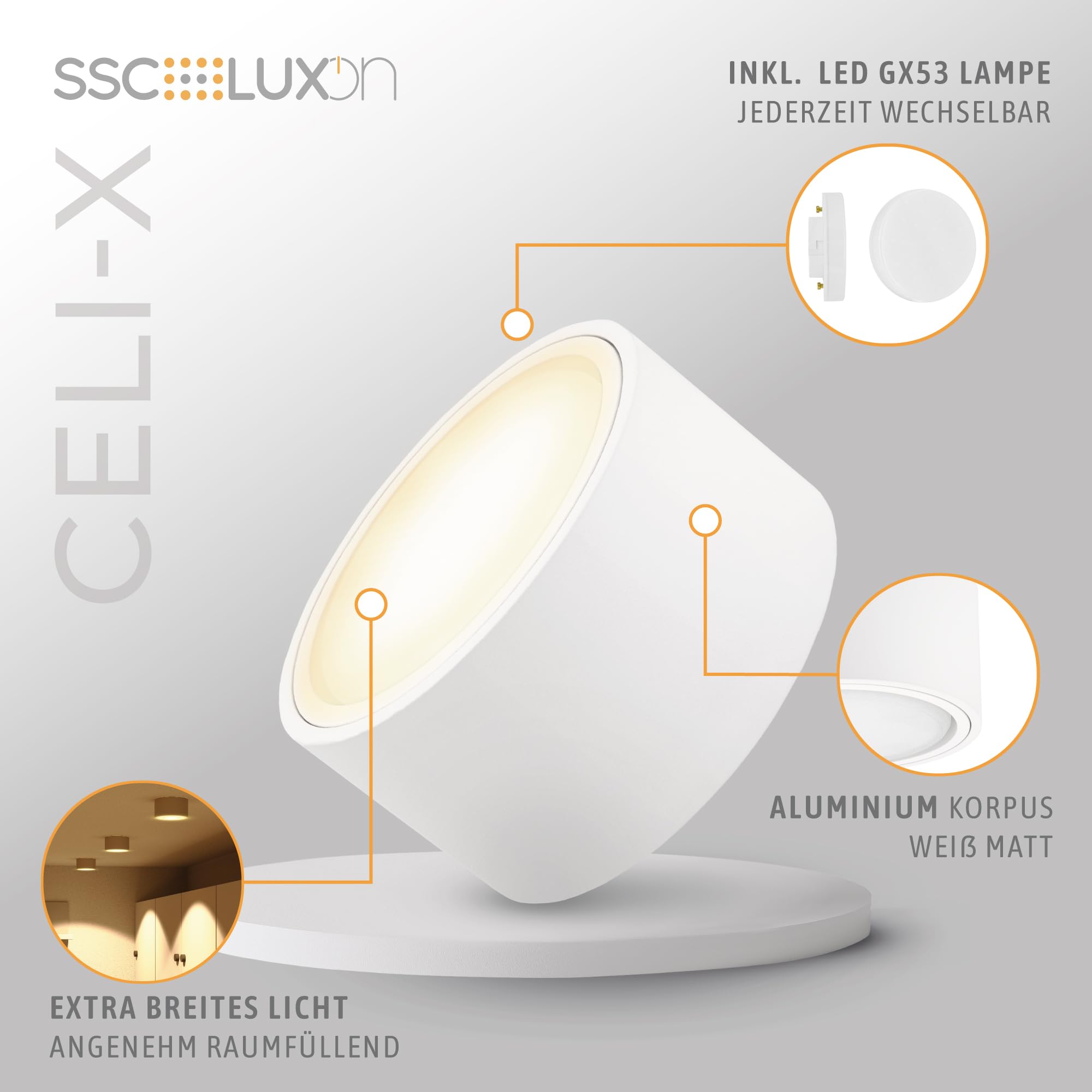SSC-LUXon 4 Stück CELI-X Aufbauleuchte LED flach mit schöner Lichtfläche - LED GX53 warmweiß 3W 230V - Decken Aufbauspot weiß rund