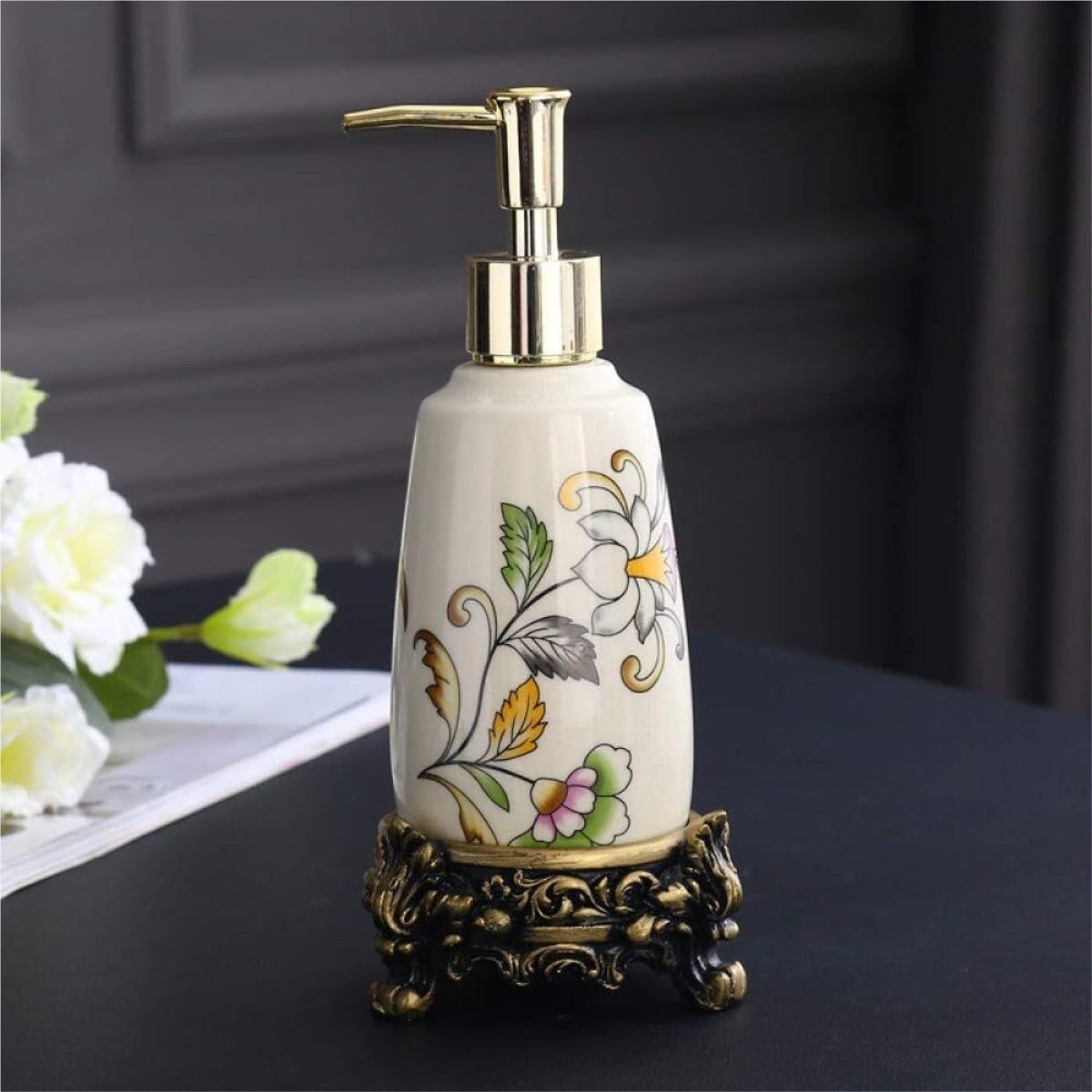 Distributeur Savon Conditionner Distributeur de Savon Liquide Vintage, Distributeur en céramique craquelé avec Pompe Shampoing Douche