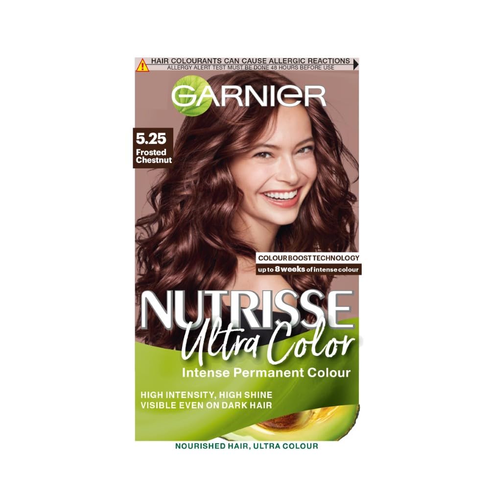 Garnier Nutrisse Ultra Color Hair Dye, 100% Grey, 8-Wk Colour, No Ammonia, Vegan, 5.25 Frosted Chestnut Brown