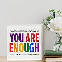 Vista 4 de Letrero de madera con texto en inglés "You Are Kind Tough Powerful Enough - Decoración de escritorio, con citas LGBT, bloque de madera, placa, caja